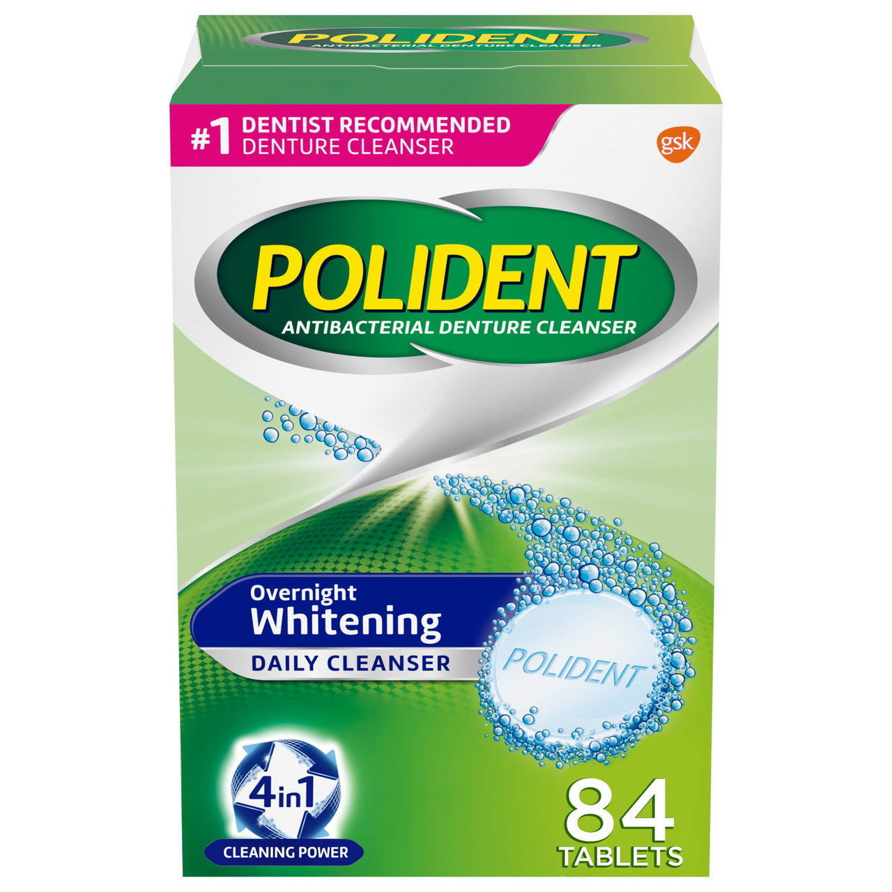 Polident Overnight Whitening Antibacterial Denture Cleaner Tablet, 84 Ea